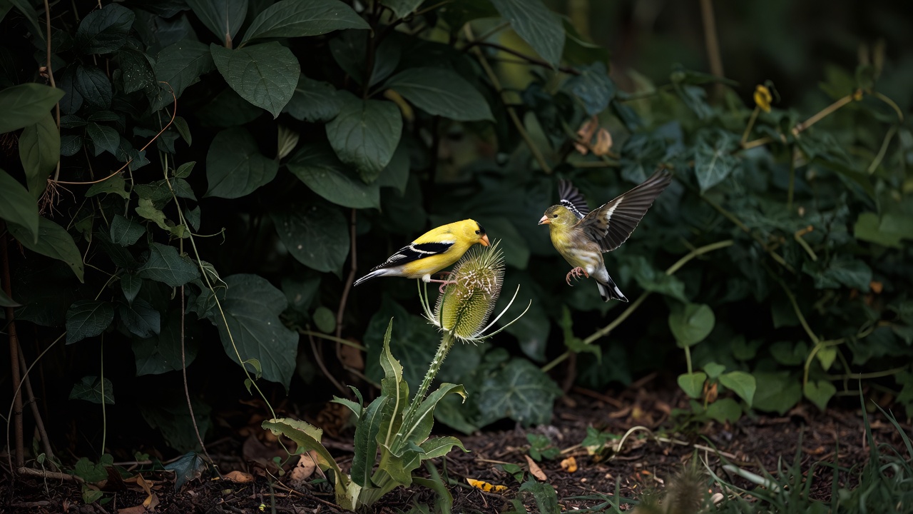 A goldfinch feeding on a teasel head at the edge of a garden border, photographed from a distance with dark foliage behind