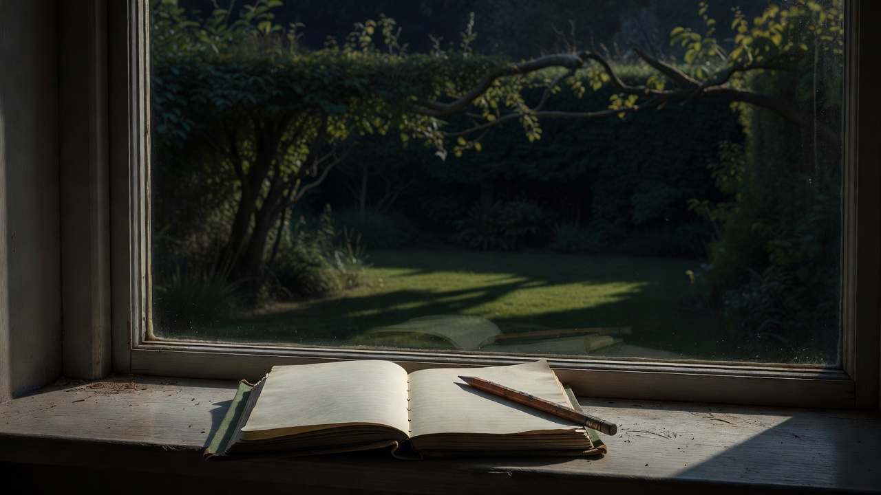 An open field notebook and pencil on a dim windowsill, with a shadowy garden and hedge visible through the glass beyond