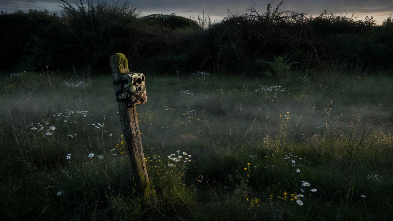 A camouflaged trail camera strapped to a wooden post, viewed from a distance across a shadowy garden meadow towards a hedge