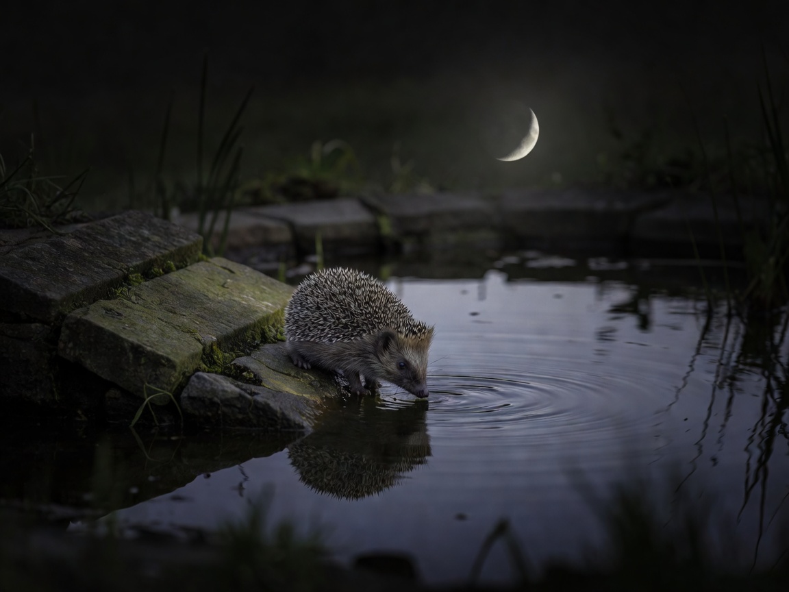 A hedgehog drinking at a stone ramp at the edge of a small pond at night, seen from a distant fixed camera