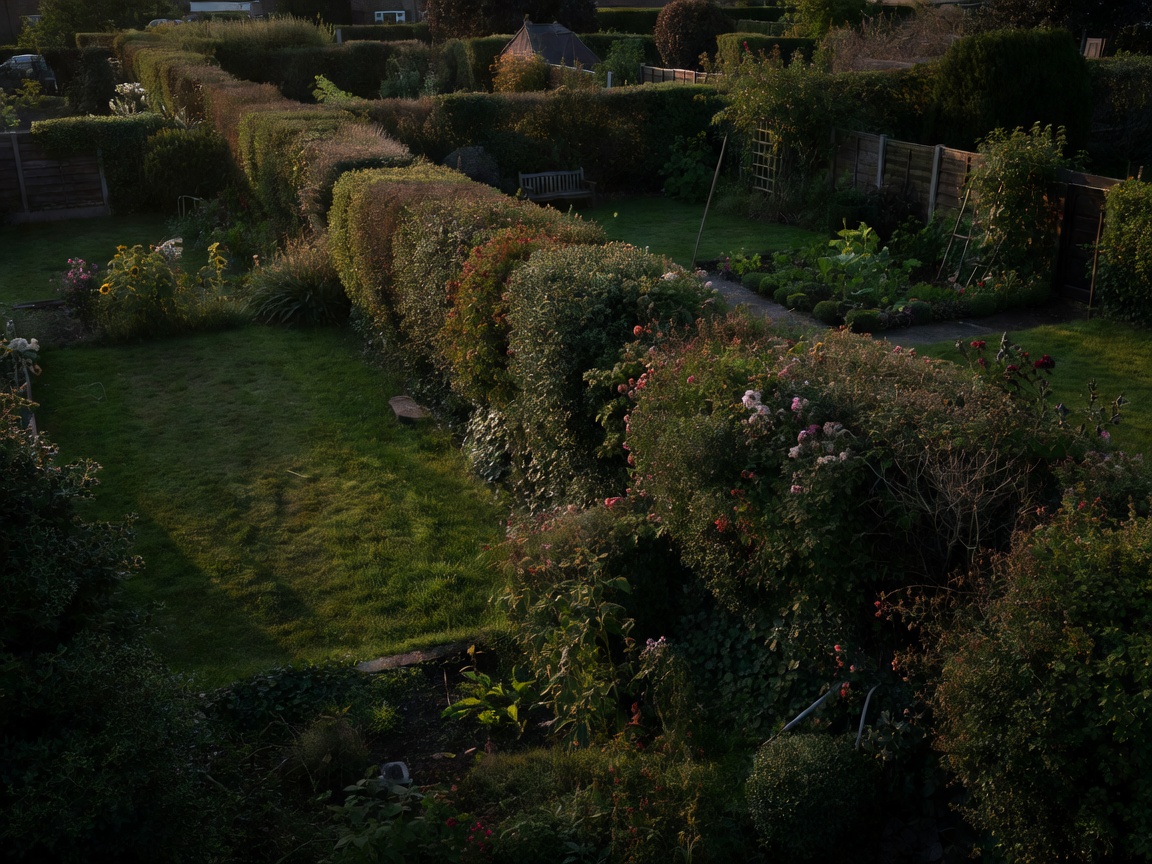 A row of neighbouring back gardens joined by a long mixed hedge, seen at evening with deep shadows