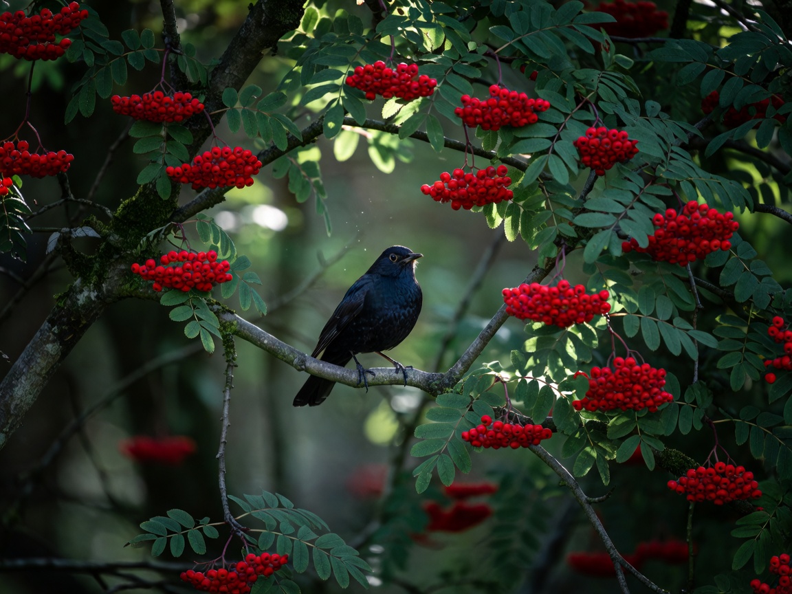 A blackbird among clusters of rowan berries on a shaded branch, photographed from a distance