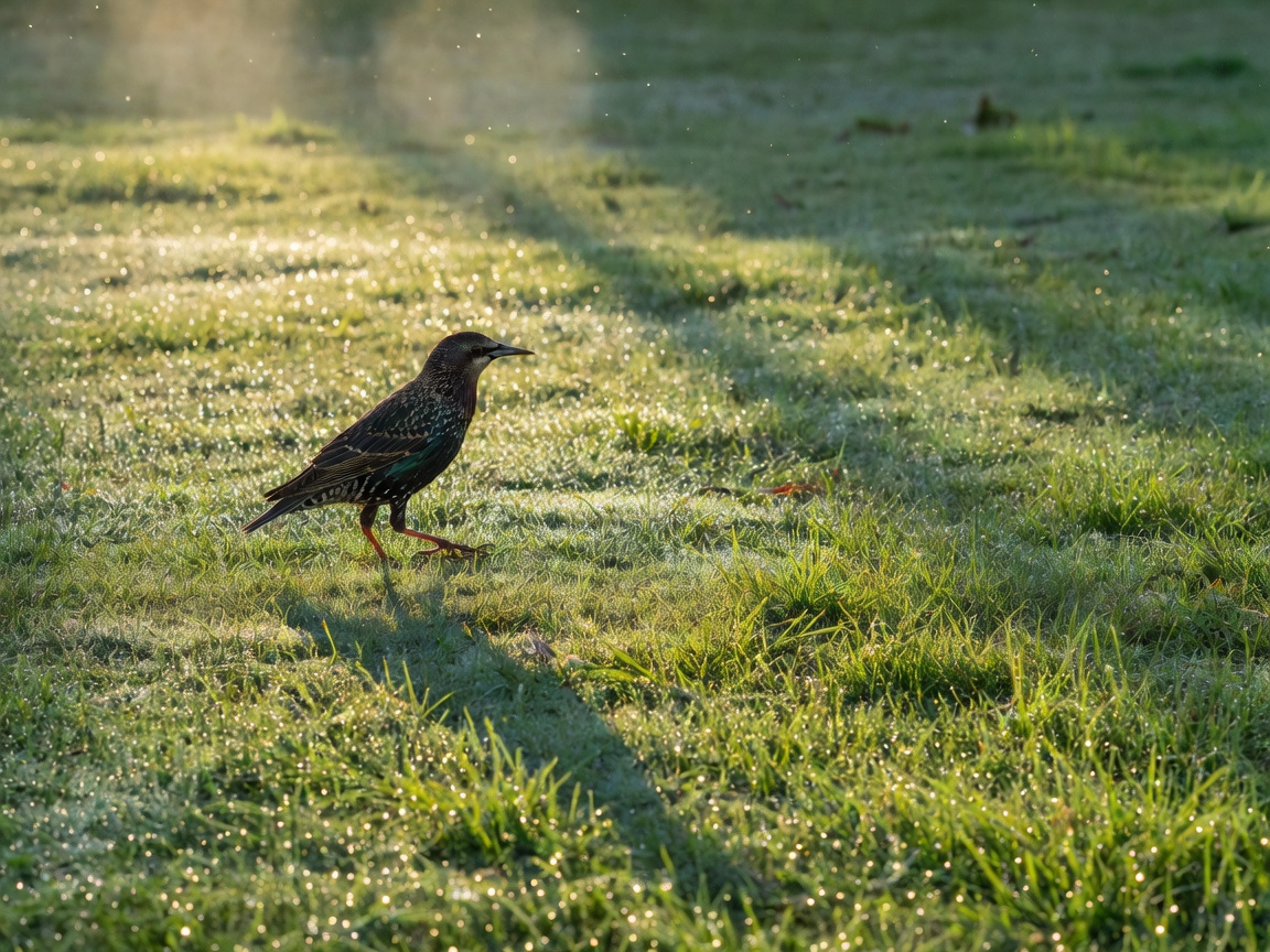 A starling walking across a dewy lawn in low morning light, its long shadow stretching beside it
